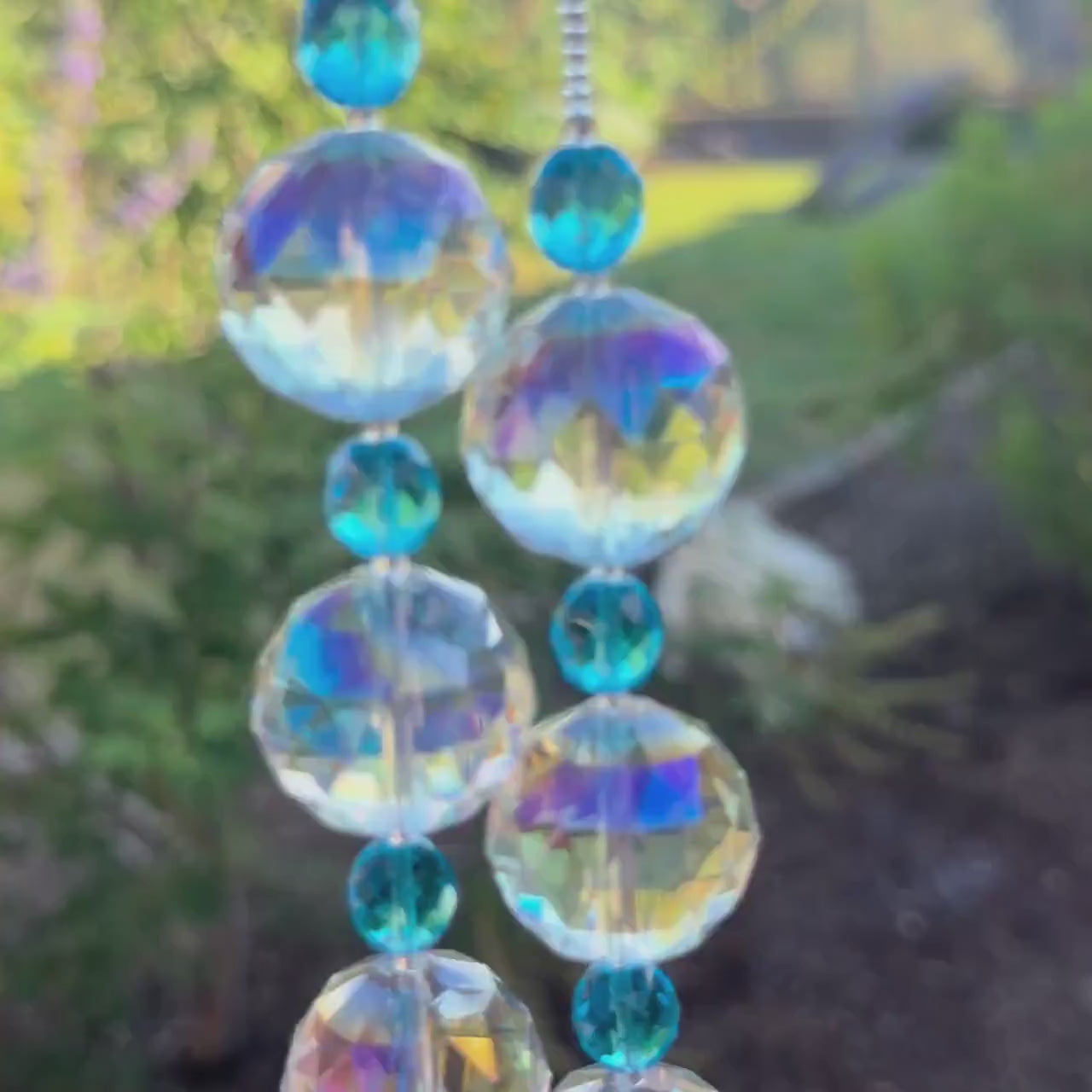 Blue Glass Hanging Outdoor Chime with Large Crystals - 32"