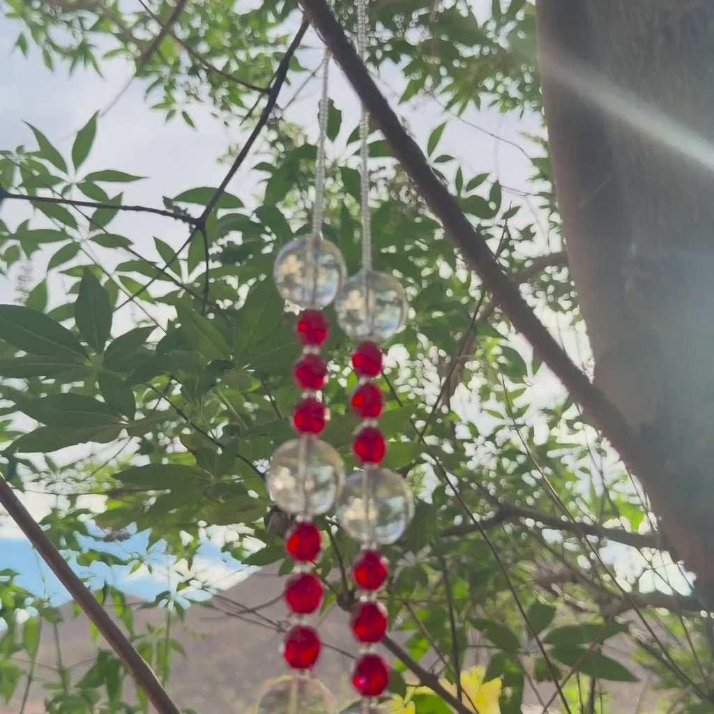 Bold Red & White Glass Suncatcher Chime for Patio and Garden - 31” Long