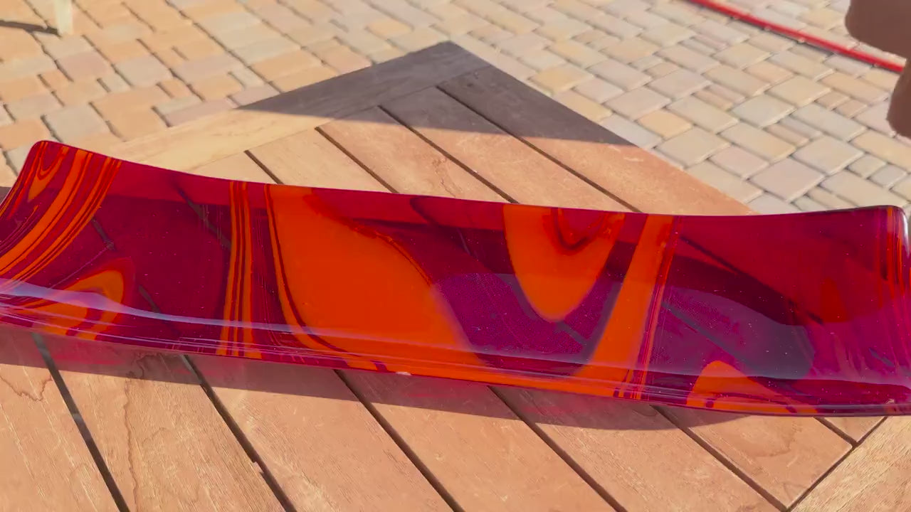 Large Red & Orange Fused Glass Channel Tray - Table Centerpiece - 23" Long