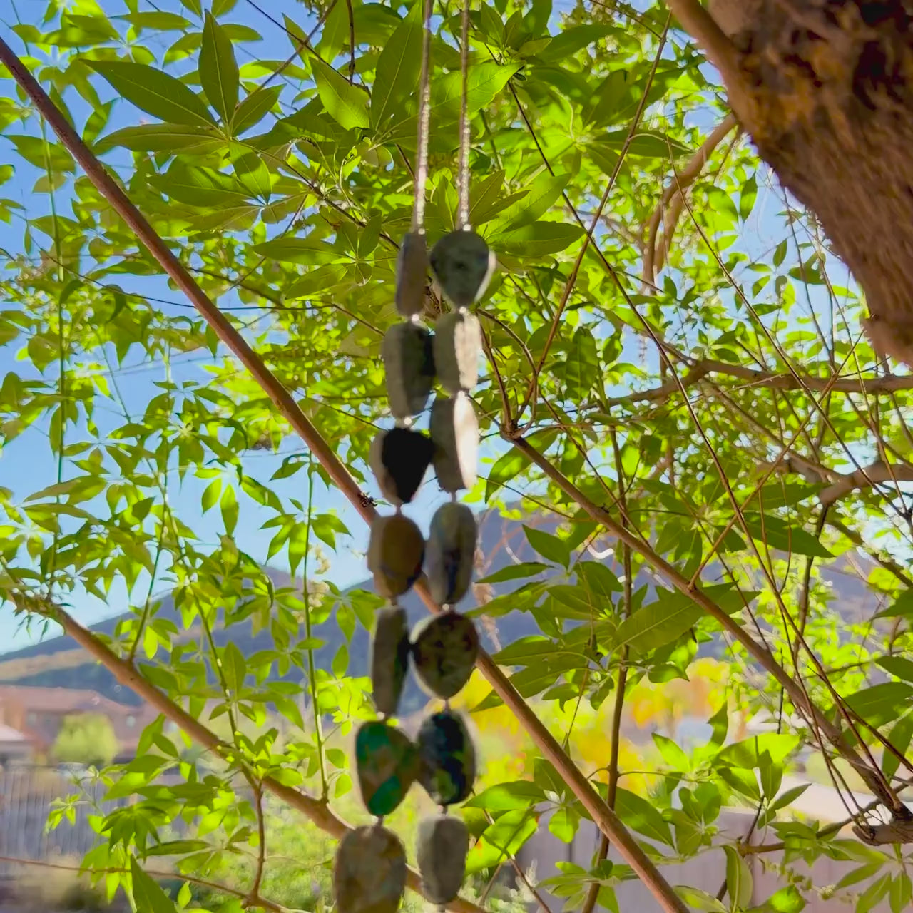 Azurite Malachite Stone Wind Chime - Transparent Blue Glass - 30"