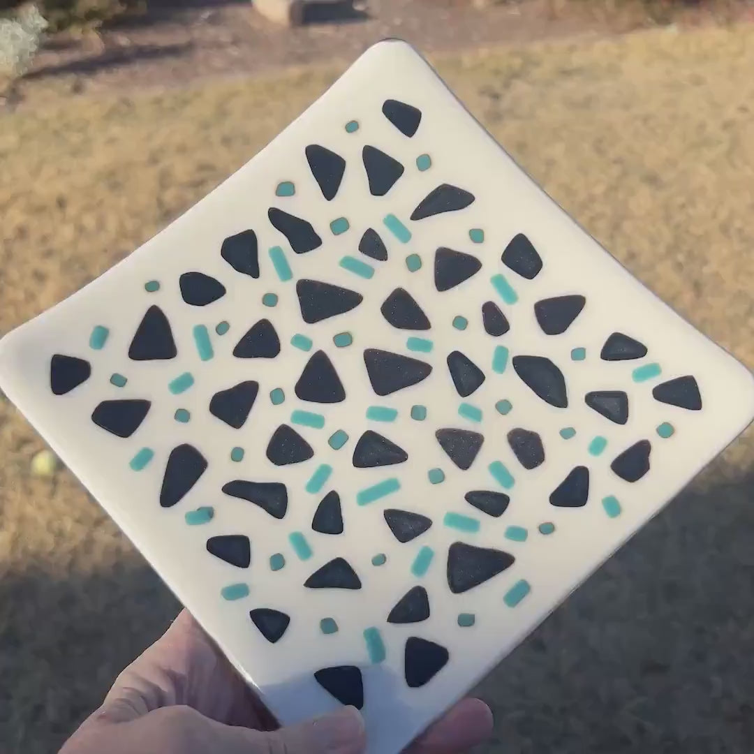 Square Glass Mosaic Tray - Turquoise & Black on Cream - Terrazzo Style