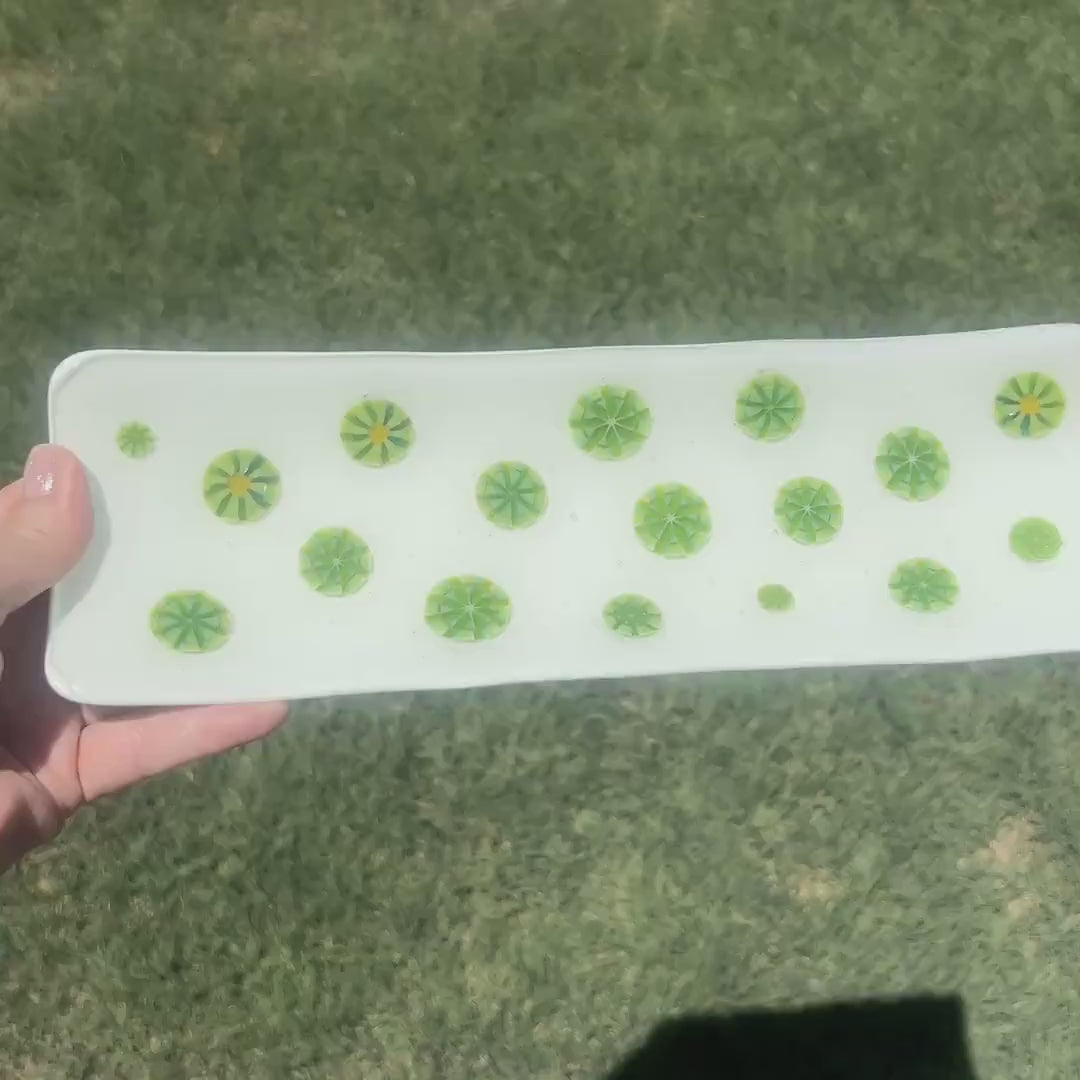 Vanilla Cream Glass Channel Tray with Green Accents, 12"