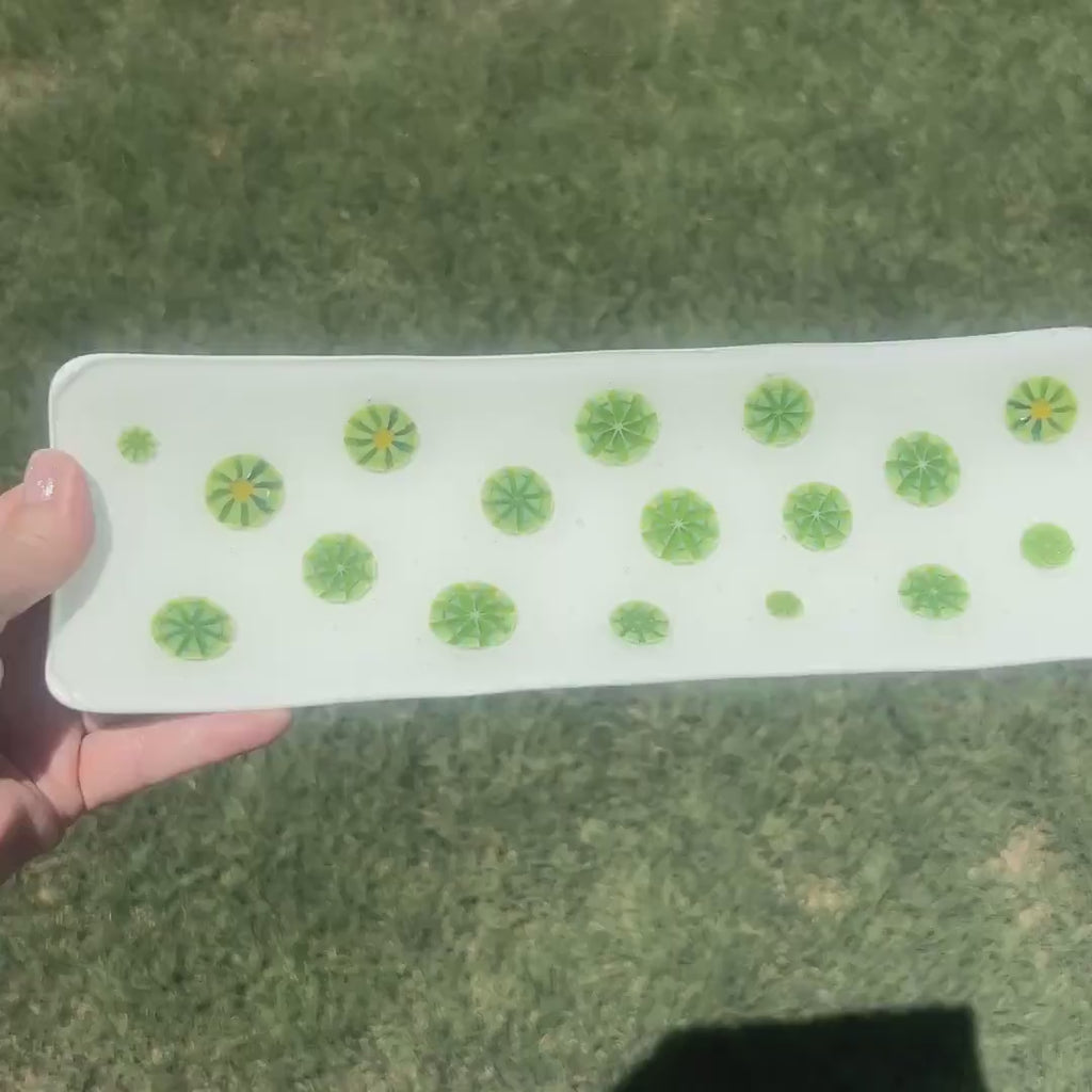 Vanilla Cream Glass Channel Tray with Green Accents, 12"