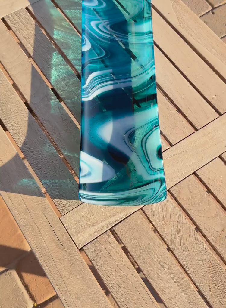 Large Blue & White Fused Glass Channel Tray - Table Centerpiece - 23" Long