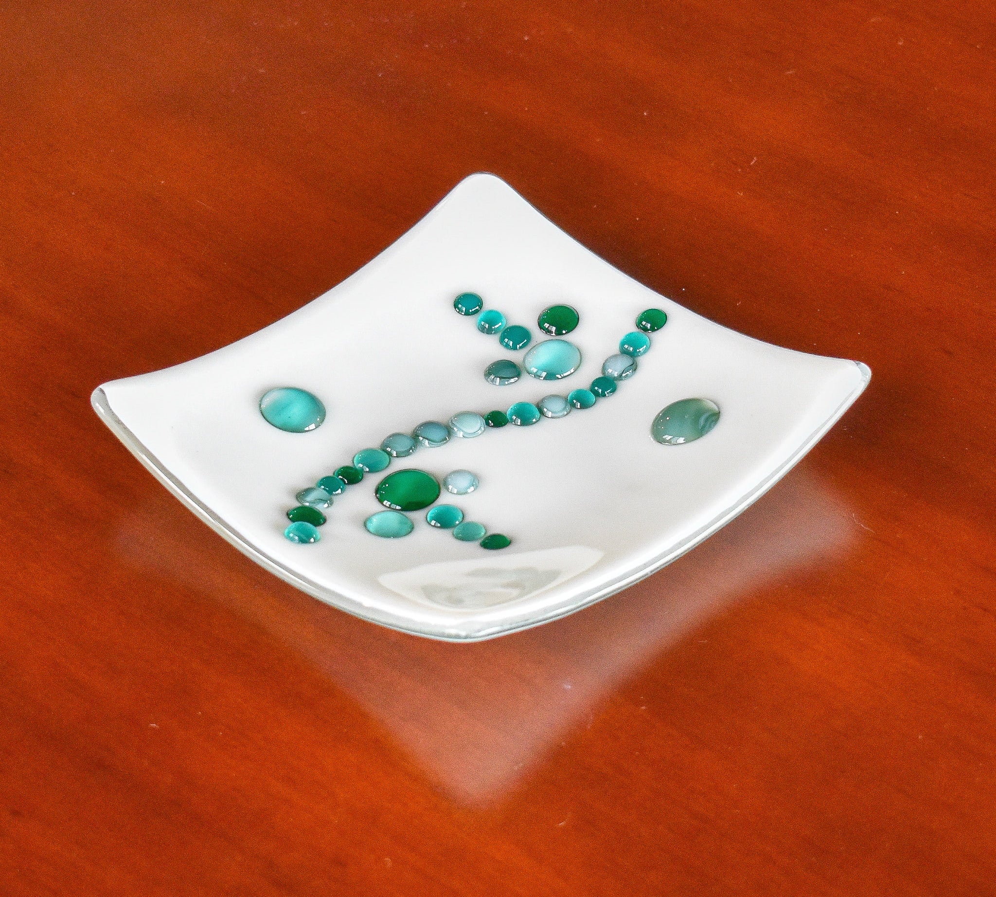 Small Modern Square Fused Glass Catchall Tray with Green Wave is a Welcome Gift for the Home, Perfect for Organizing your Space