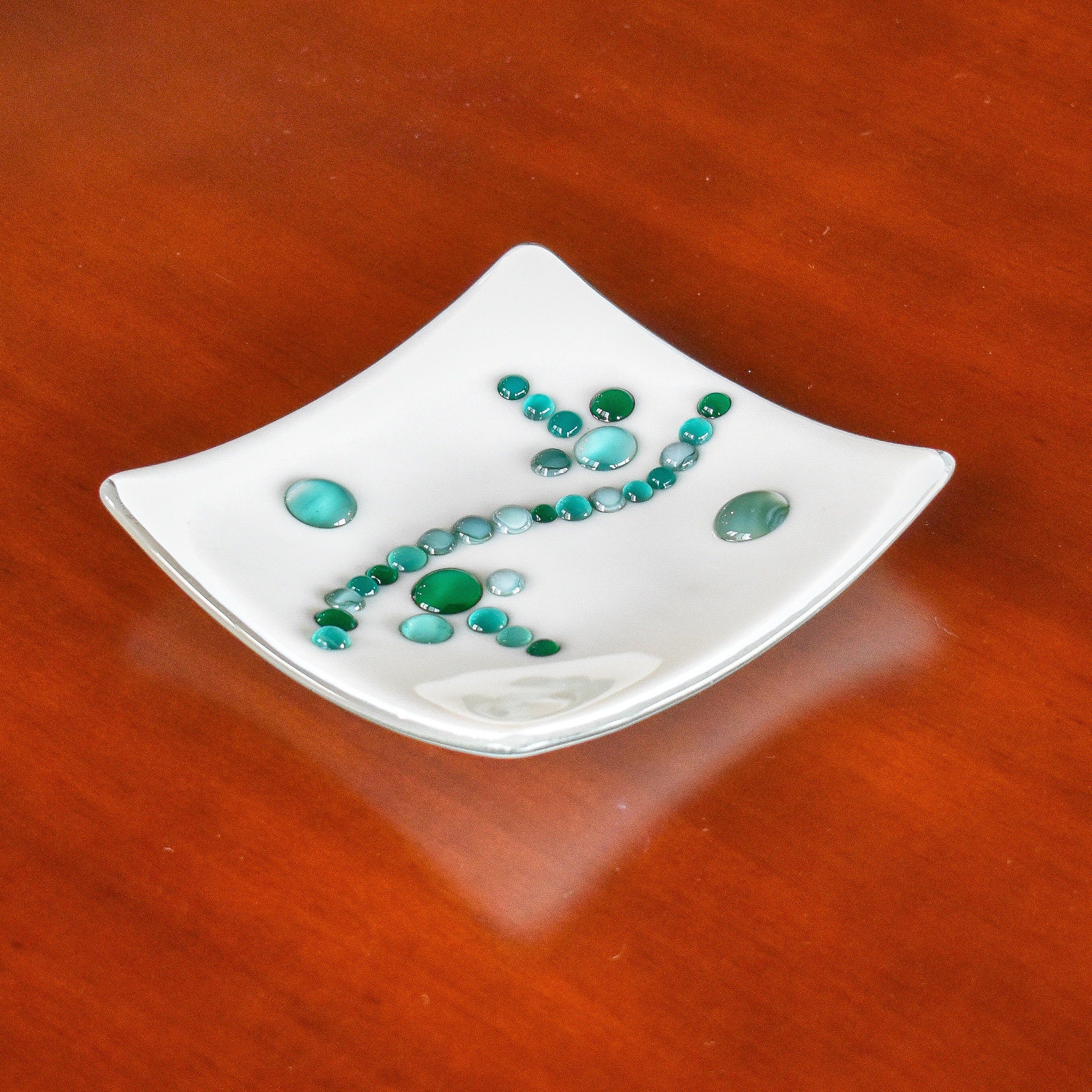Small Modern Square Fused Glass Catchall Tray with Green Wave is a Welcome Gift for the Home, Perfect for Organizing your Space