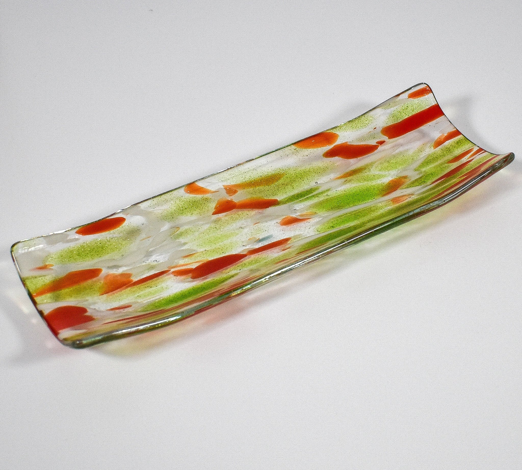 Sparkling Green and Orange Fused Glass Channel Tray - 12" - Functional Art for the Home