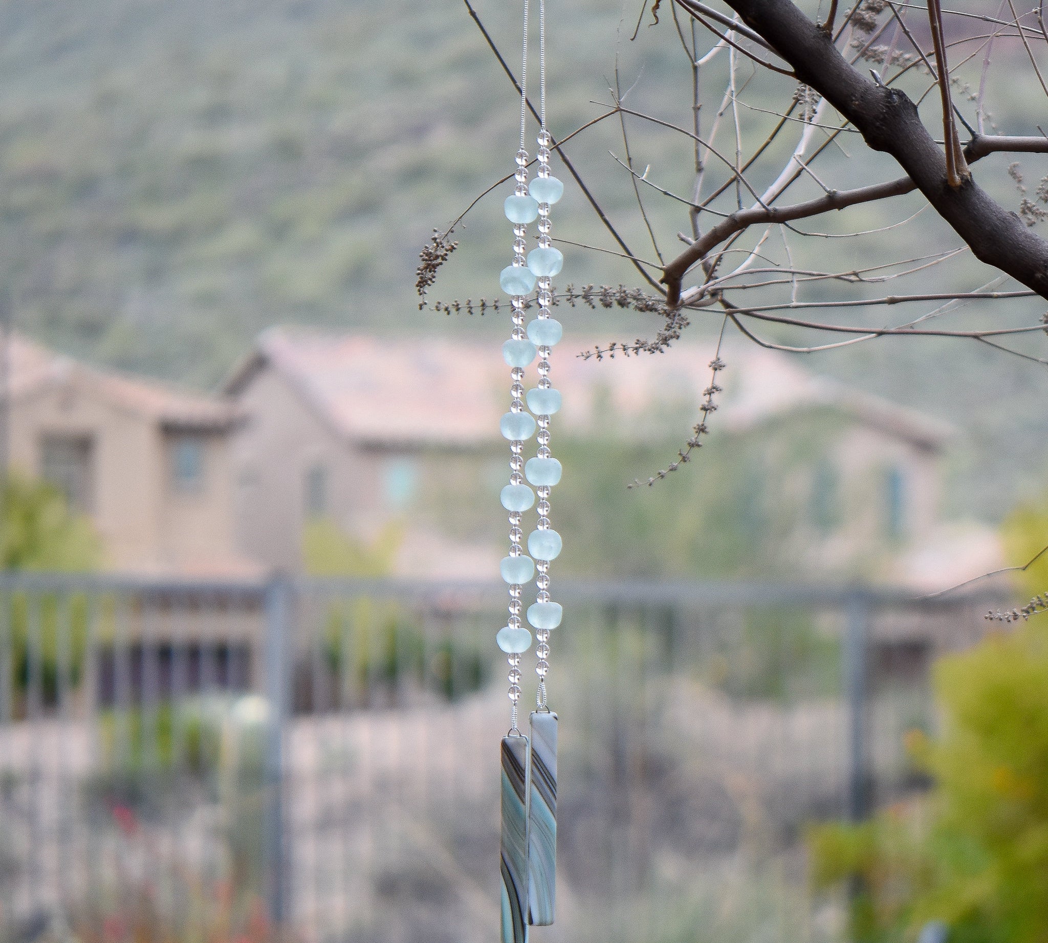 Long Sun-Catcher Wind Chime with African Beads and Fused Glass
