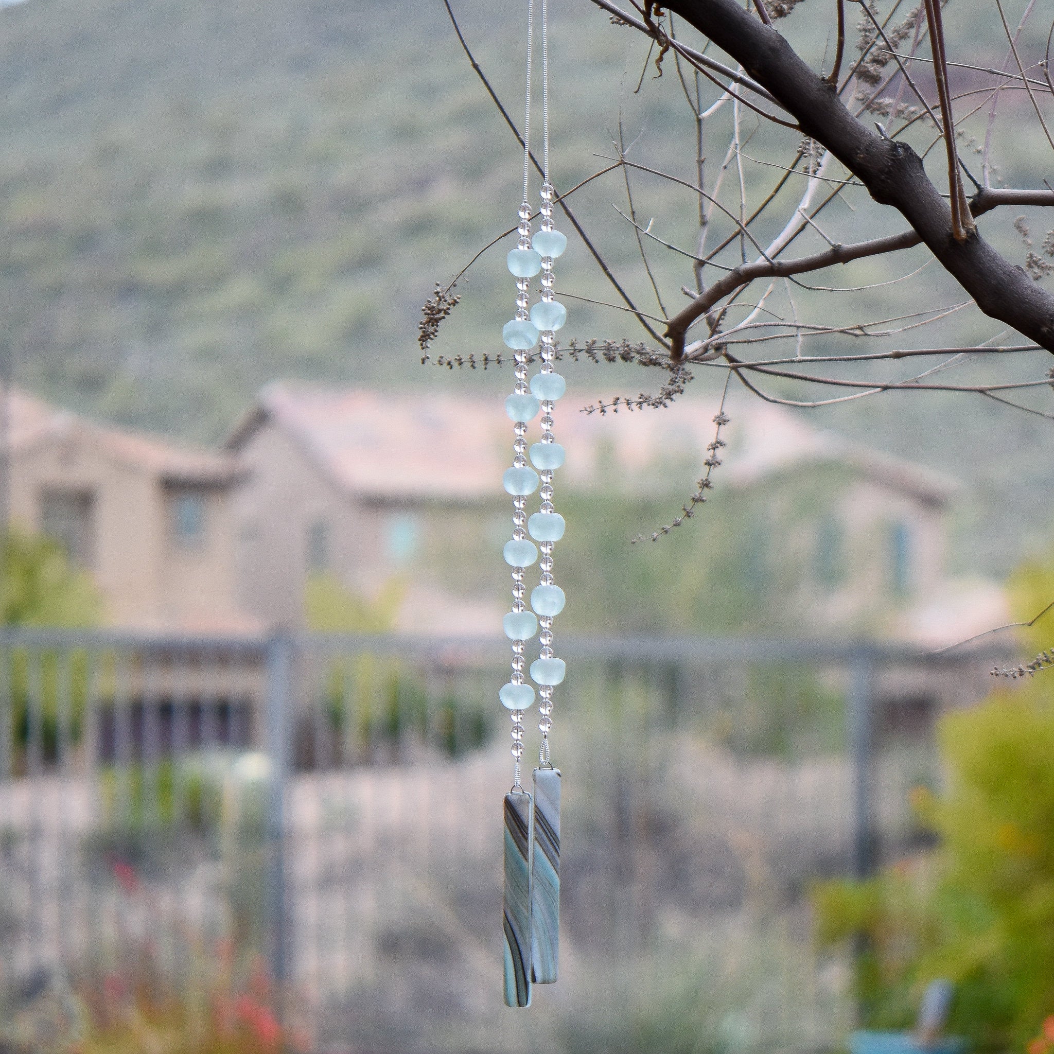 Long Sun-Catcher Wind Chime with African Beads and Fused Glass