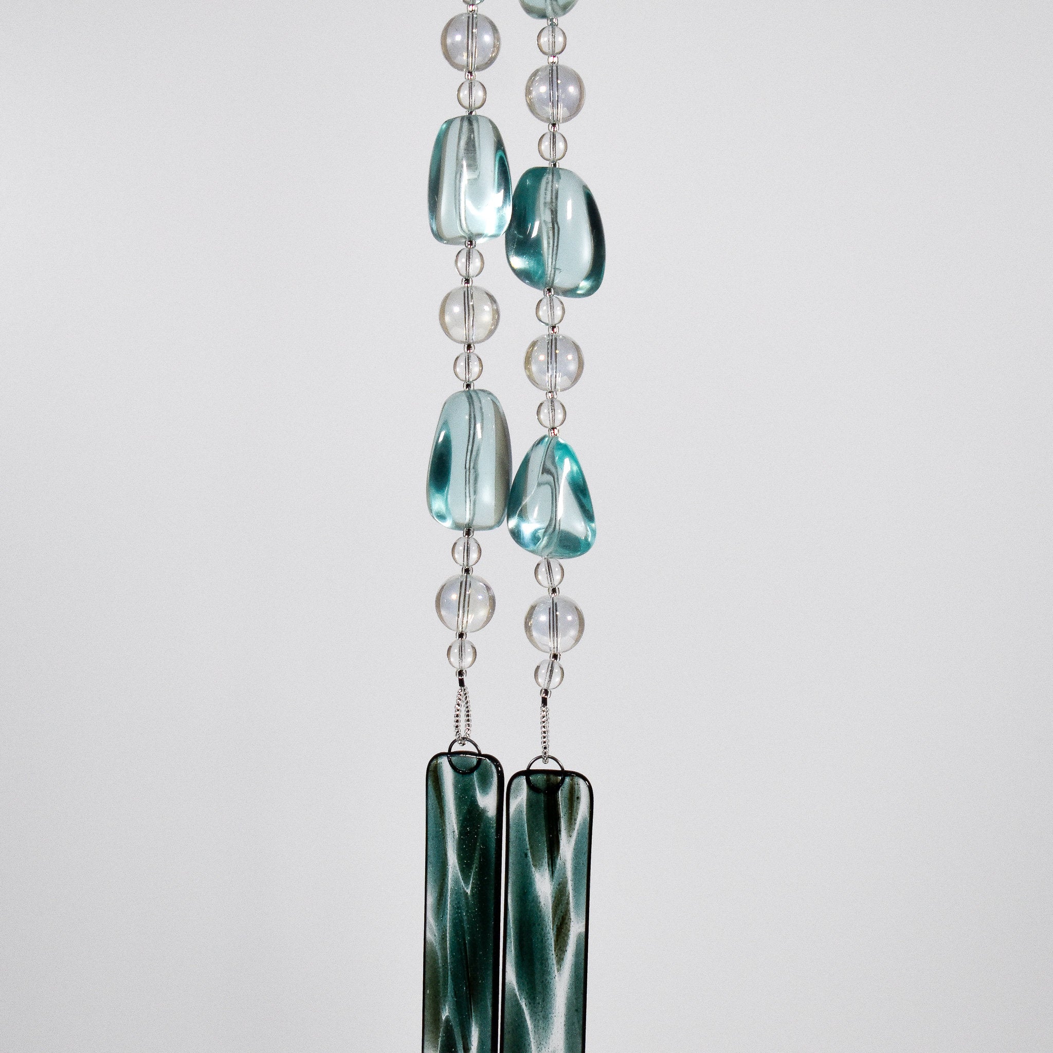 Long Glass Sun-Catcher Wind Chime with Aqua Glass Beads and Fused Glass