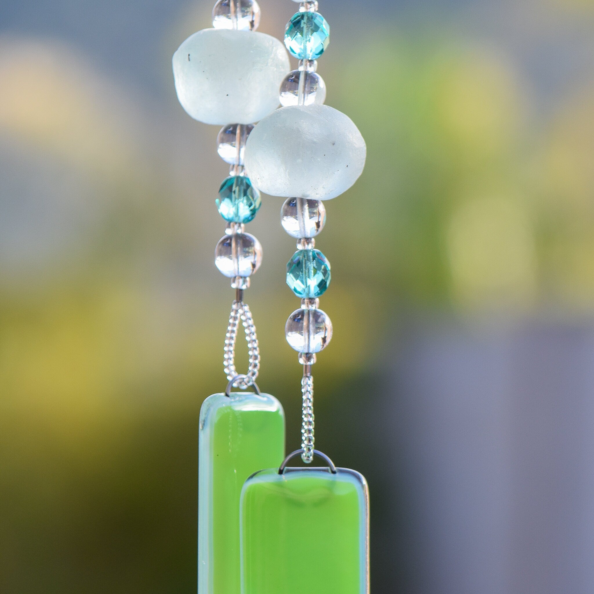 Blue Green Sun-Catcher Wind Chime with African Beads and Fused Glass - 30" Long Garden Decor