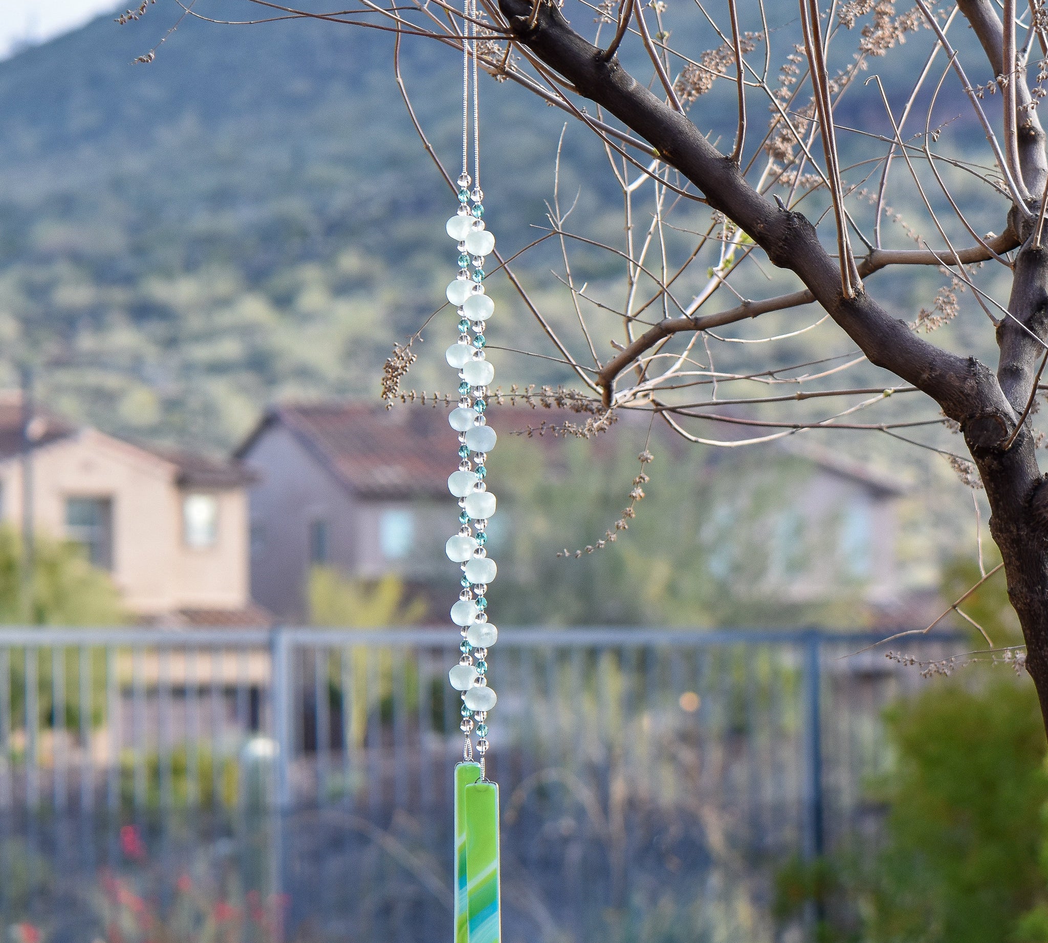 Blue Green Sun-Catcher Wind Chime with African Beads and Fused Glass - 30" Long Garden Decor